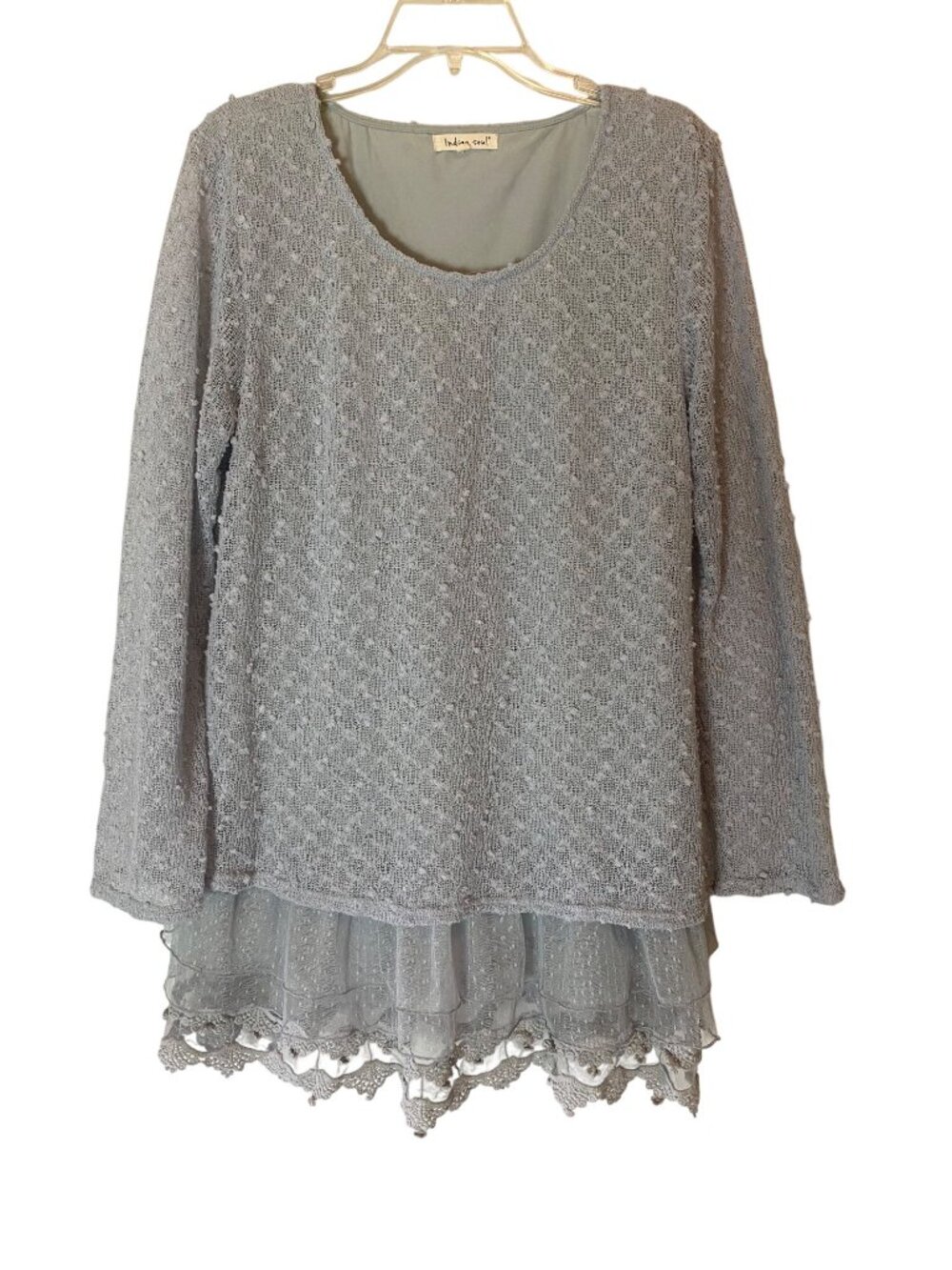 Indigo Soul Gray Lace Tunic Top Mesh Ruffle Trim XL